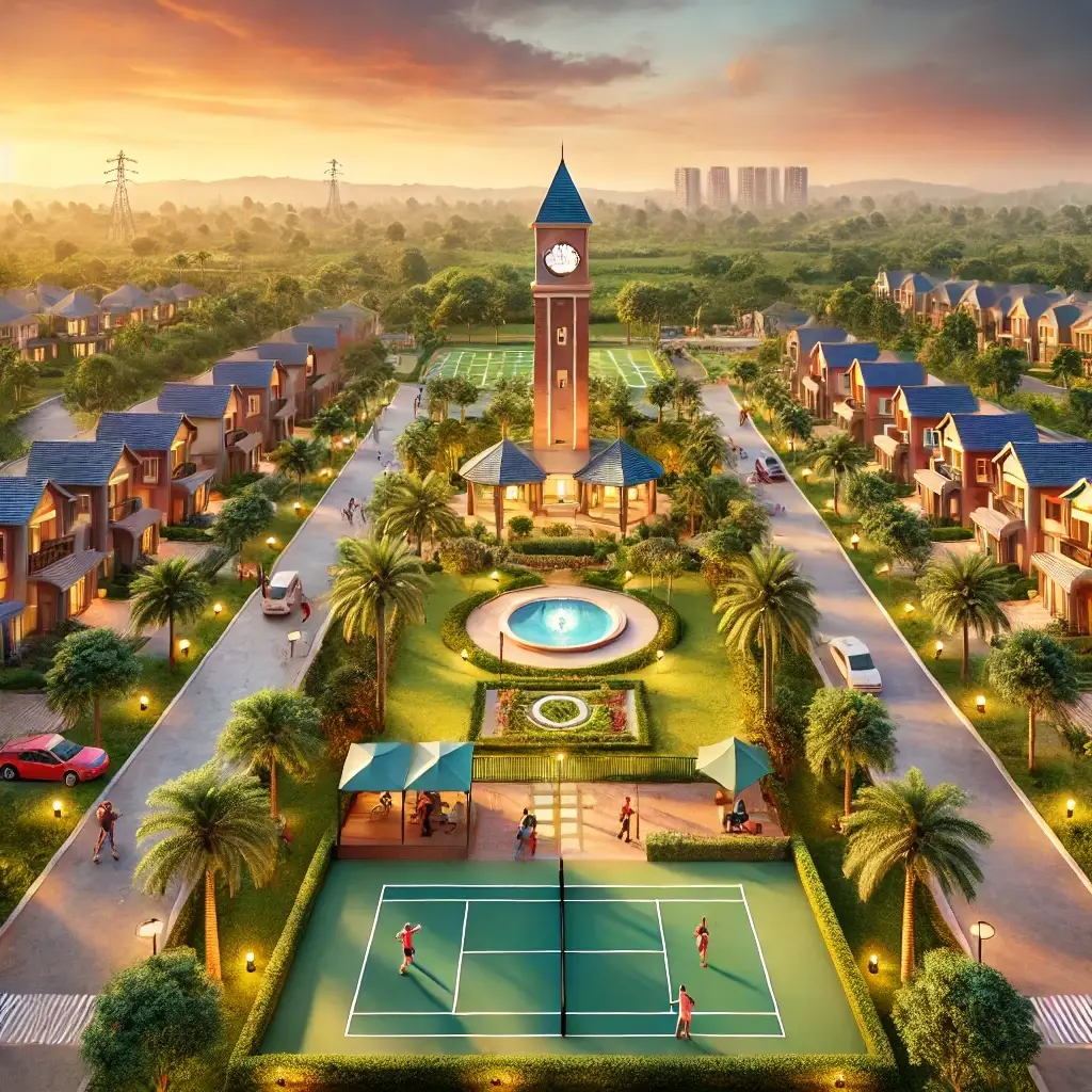 Central clock tower surrounded by lush greenery and modern homes in Mansha Heritage.