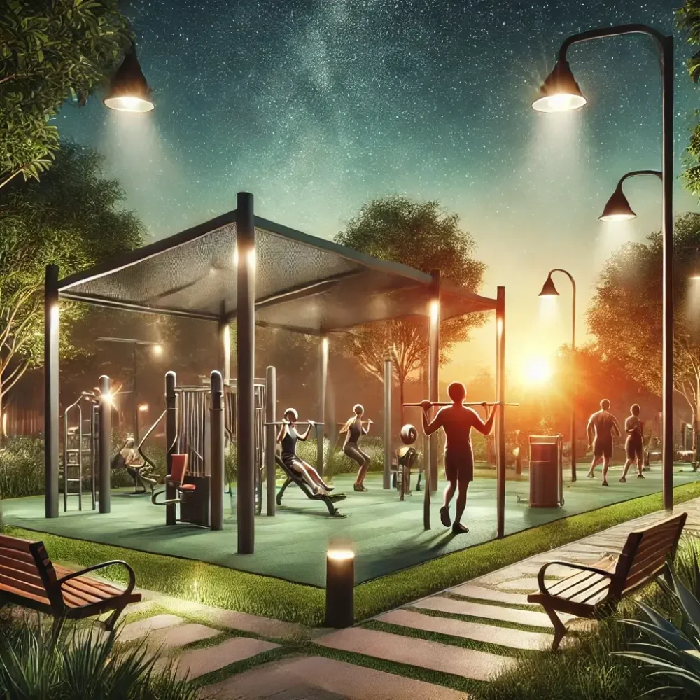 Modern outdoor gym at night with fitness equipment and people exercising in Mansha Heritage.